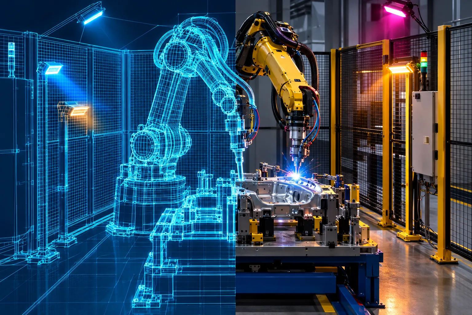 A robot work cell rendered in a simulation viewport, half photorealistic and half wireframe