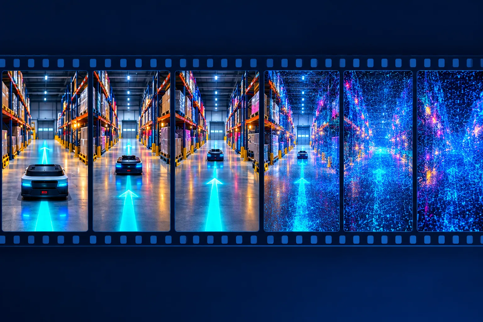 A filmstrip of predicted future frames of a warehouse as a robot moves forward