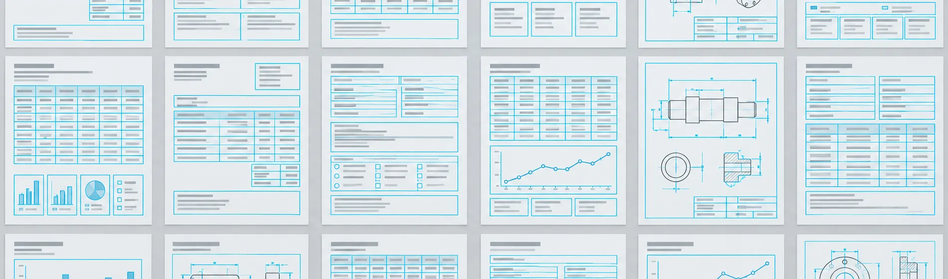 A grid of procedurally generated forms, tables, charts and engineering drawings, each with its fields outlined as ground-truth boxes