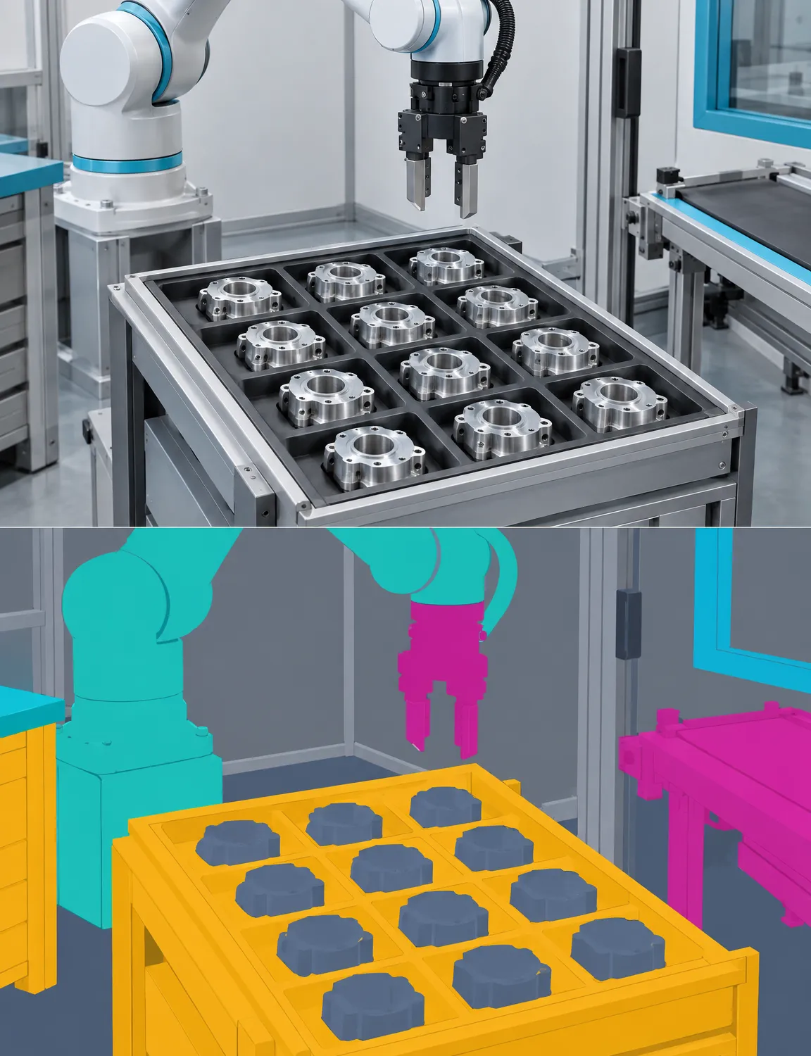 A rendered robotic work cell above its ground-truth label pass, where every object appears as a flat-coloured segmentation mask