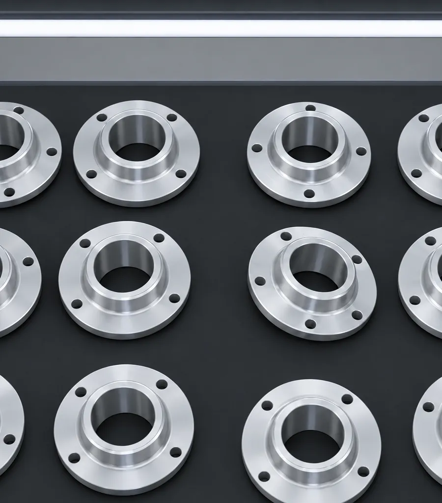 A rendered frame of machined parts on a conveyor, generated as synthetic training data