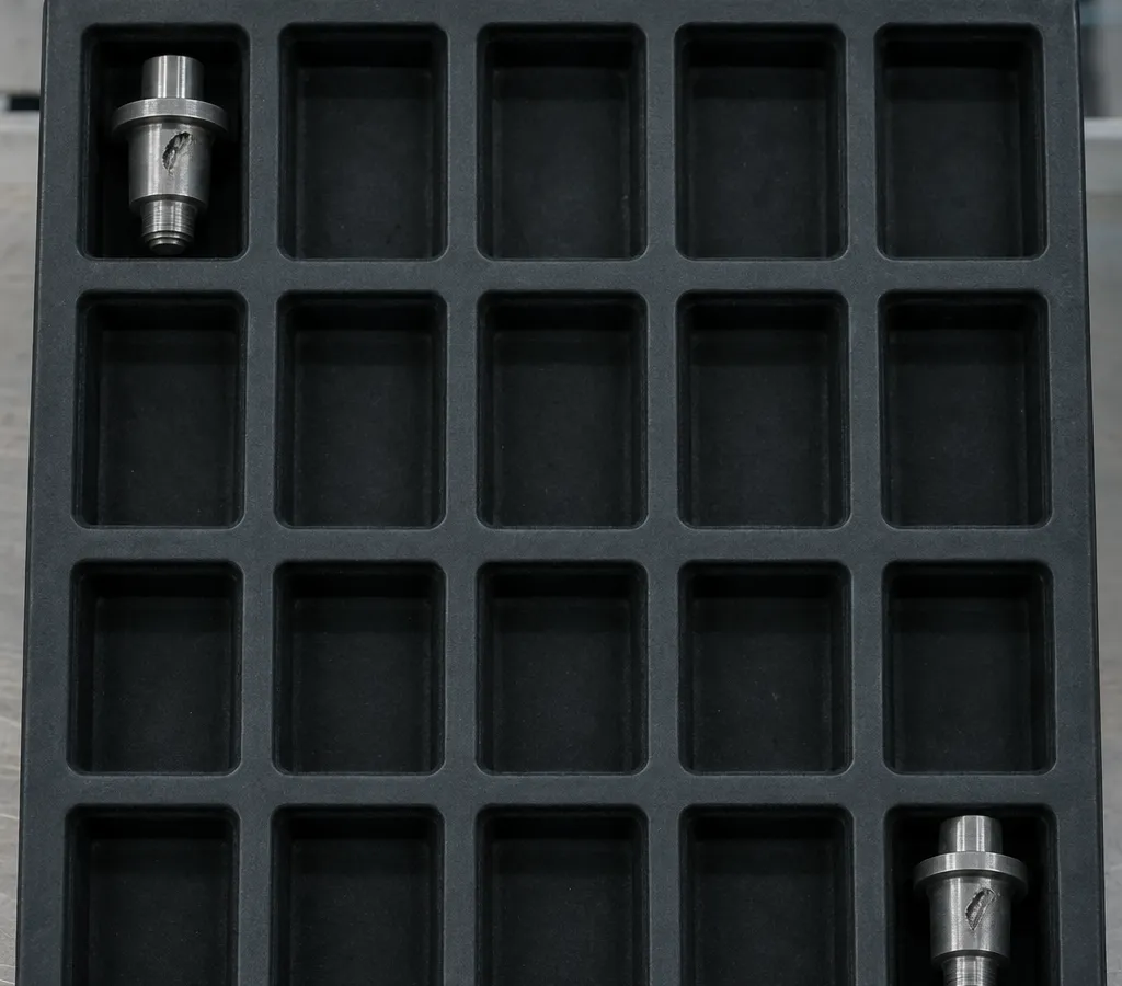 A twenty-compartment sample tray holding just two defective parts, the rest empty