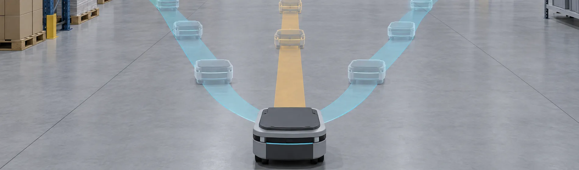 A mobile robot in a simulated warehouse with three diverging predicted paths and ghosted future positions along each