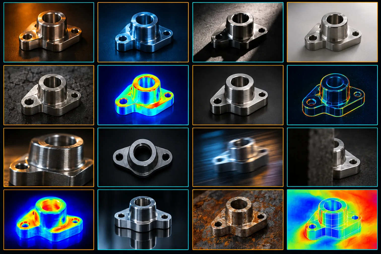 A grid of the same machined part rendered under many different lighting, background, finish and camera conditions