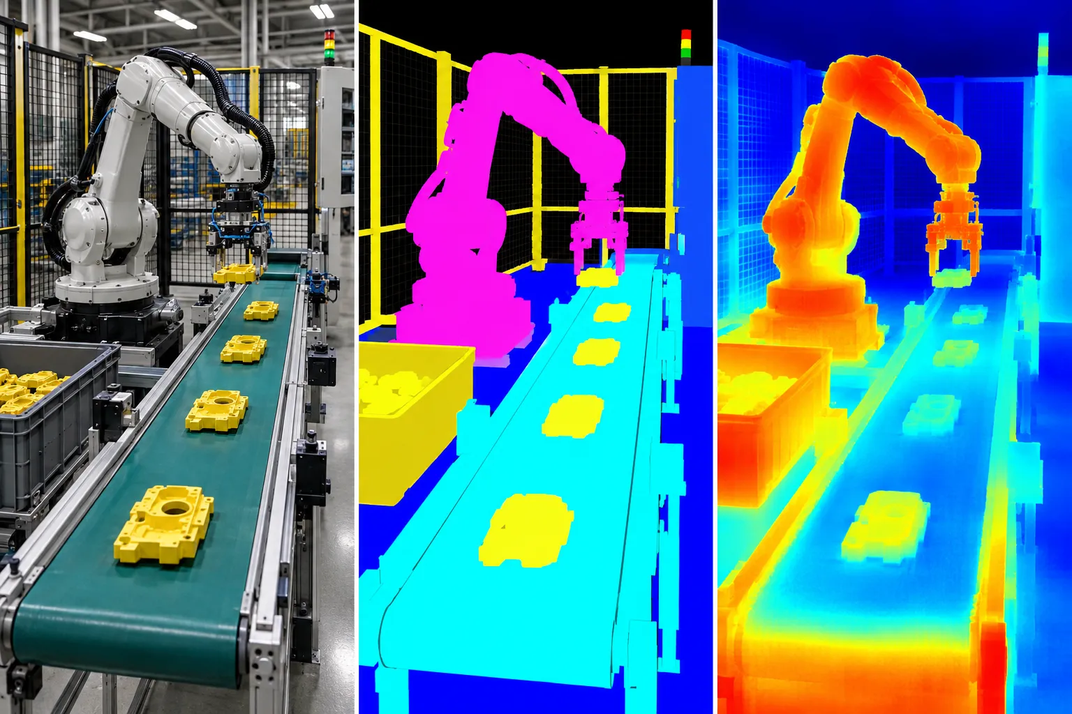 A rendered robot work cell shown next to its segmentation mask and its depth map