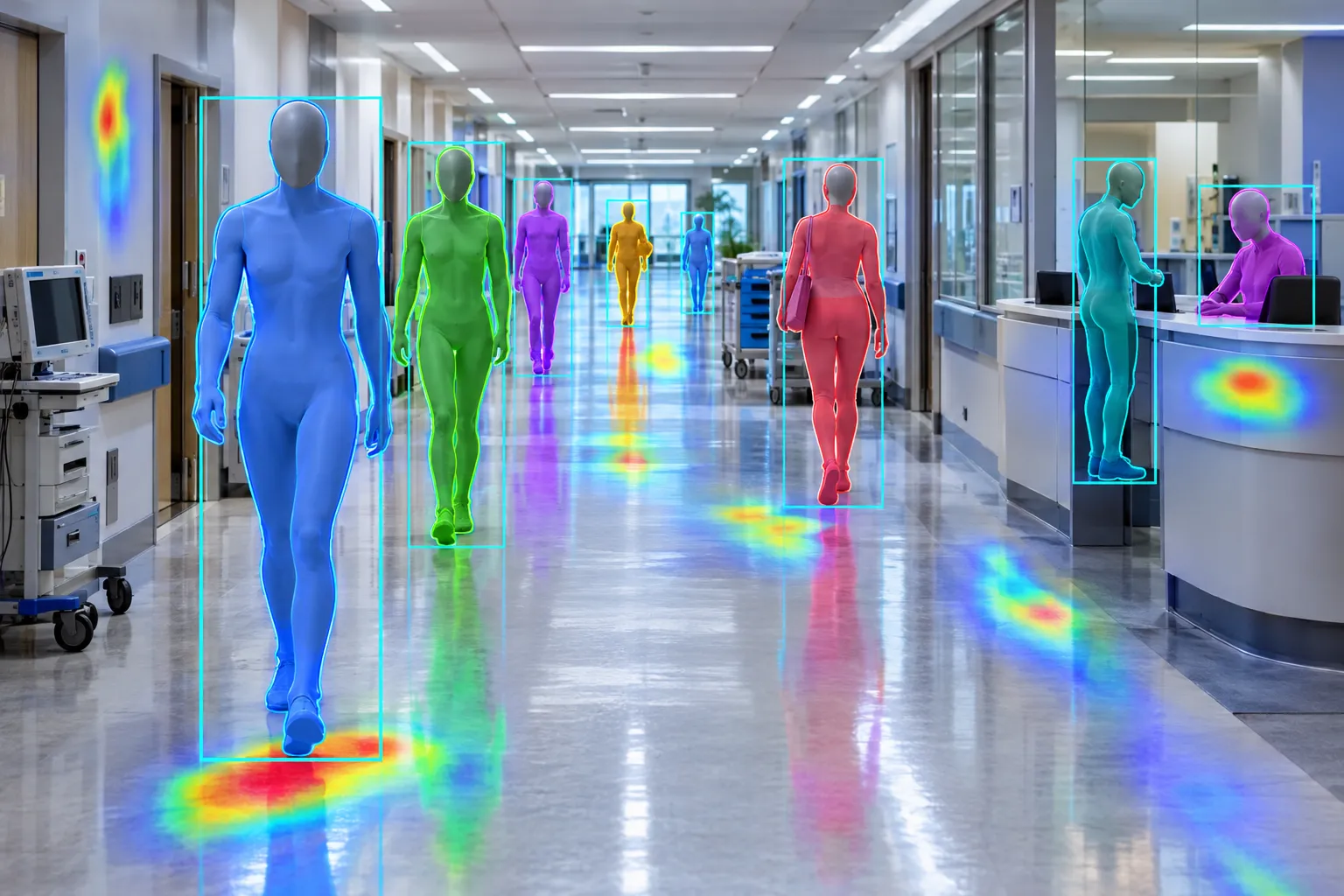 A rendered hospital corridor with faceless mannequin figures, each outlined by a coloured segmentation mask
