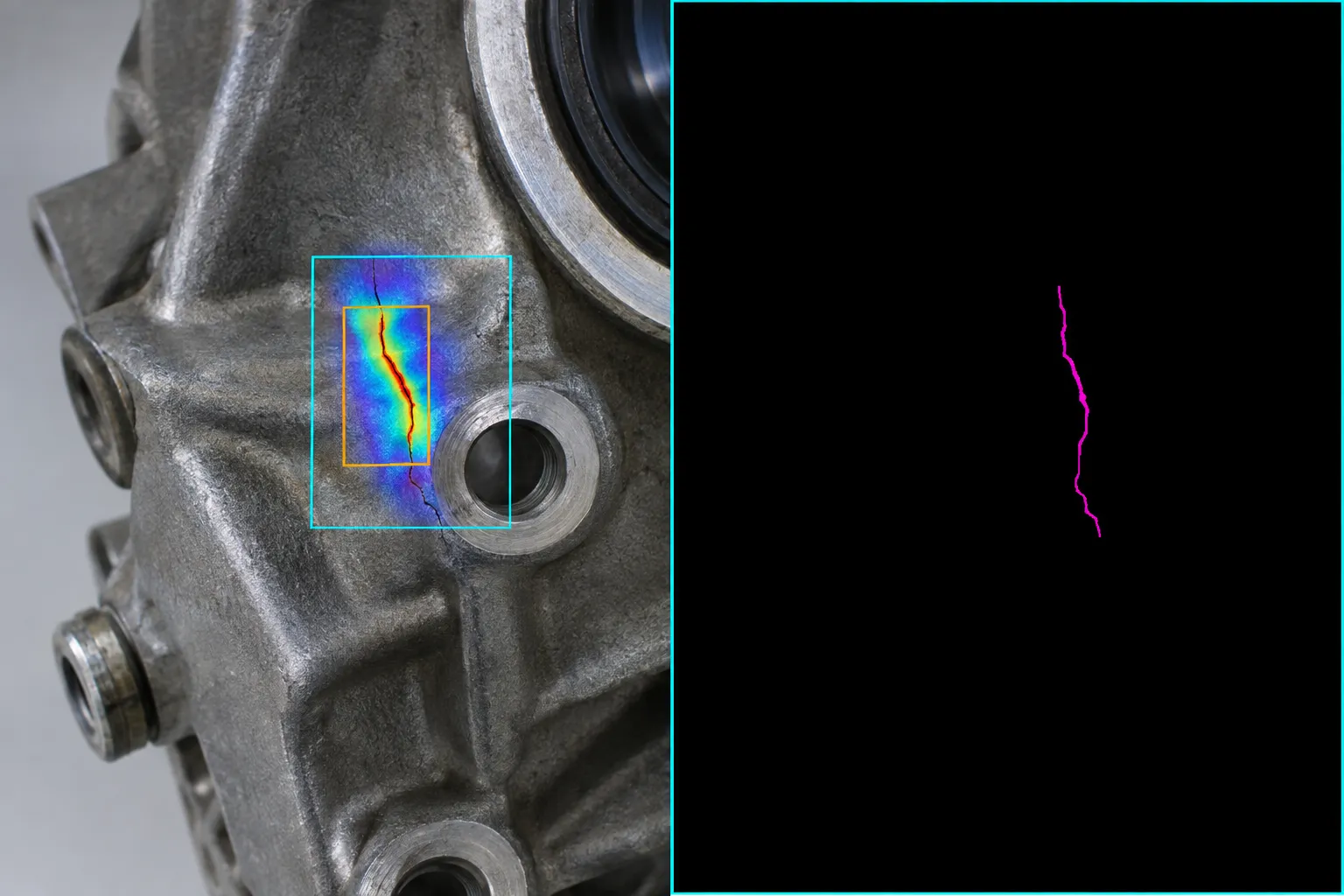 A rendered cast housing with a hairline crack, shown next to its pixel-exact crack mask