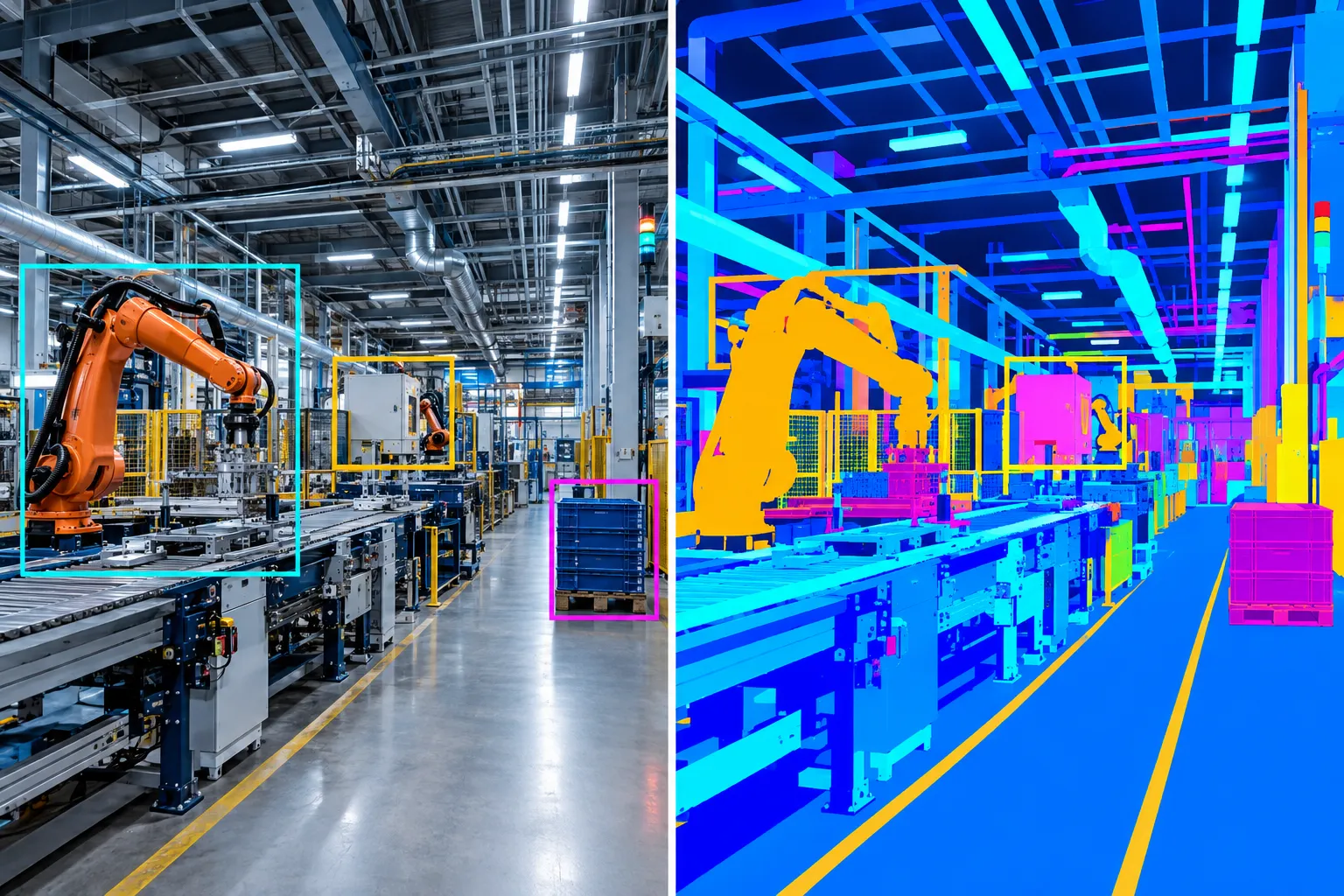 The same factory scene as a real photo with three sparse annotation boxes and as a synthetic render with dense segmentation masks