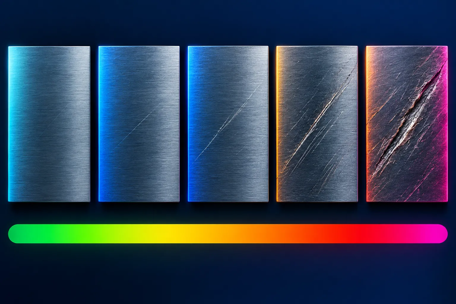 A scratch defect rendered at five increasing levels of severity above a green-to-red scale