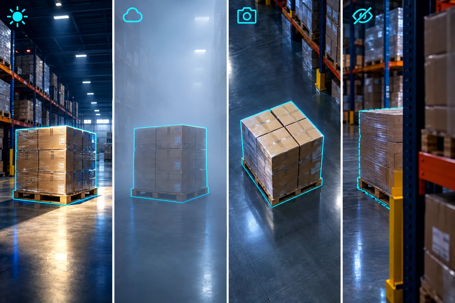 Four renders of the same pallet, each with one condition changed and outlined